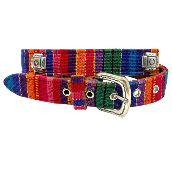 FOSSIL RAINBOW CONCHO BELT LEATHER FABRIC BOHO WESTERN ETHNIC GUATEMALA EUC M - Picture 1 of 9